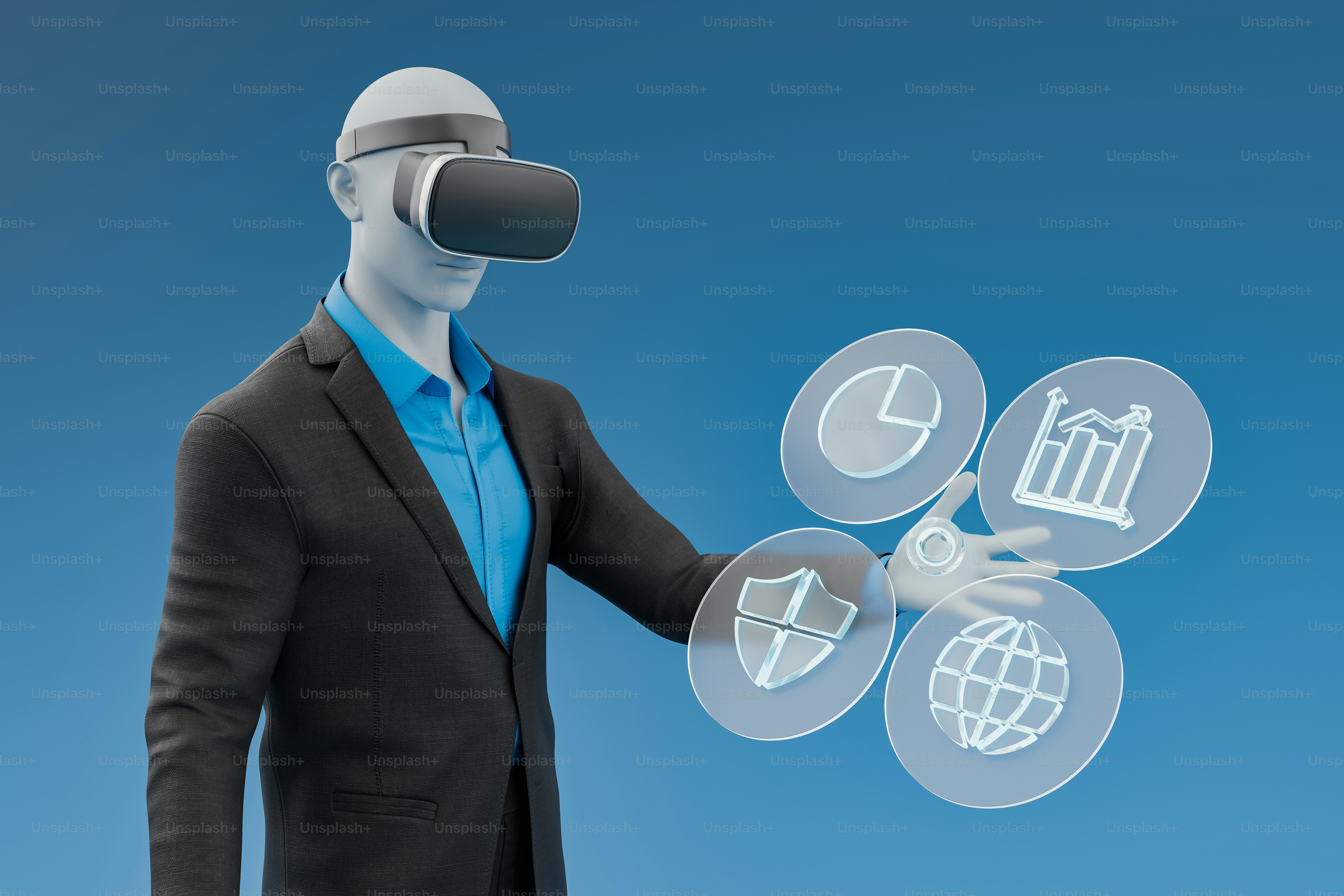 3D render of a person wearing an office suit and a virtual reality headset, interacting with a holographic interface of an app.